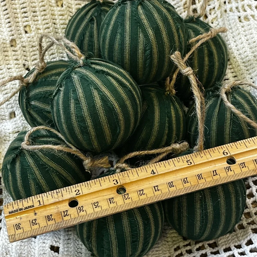 10 Primitive green stripe Fabric RAG BALLS Christmas Ornaments farmhouse decor
